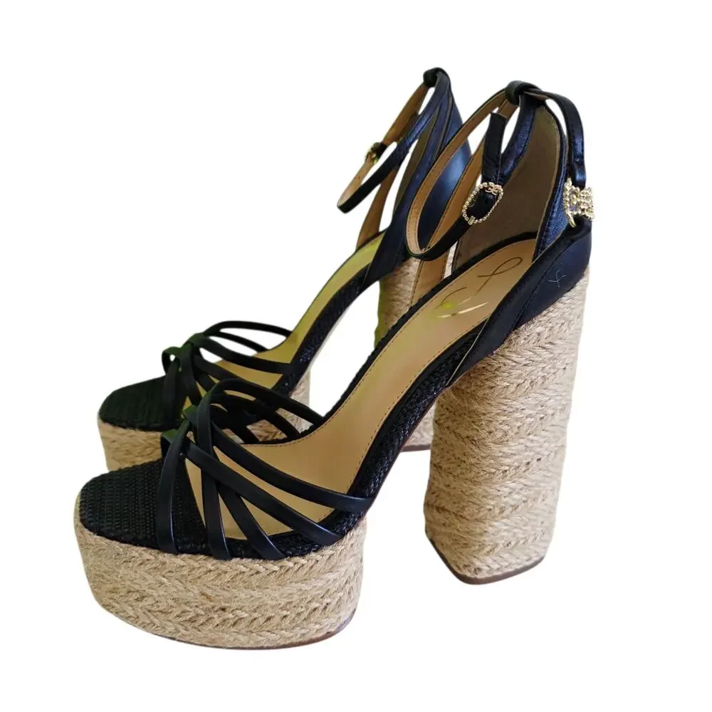 Sam Edelman Kade Black Leather & Jute Platform Espadrille Sandals Size 9